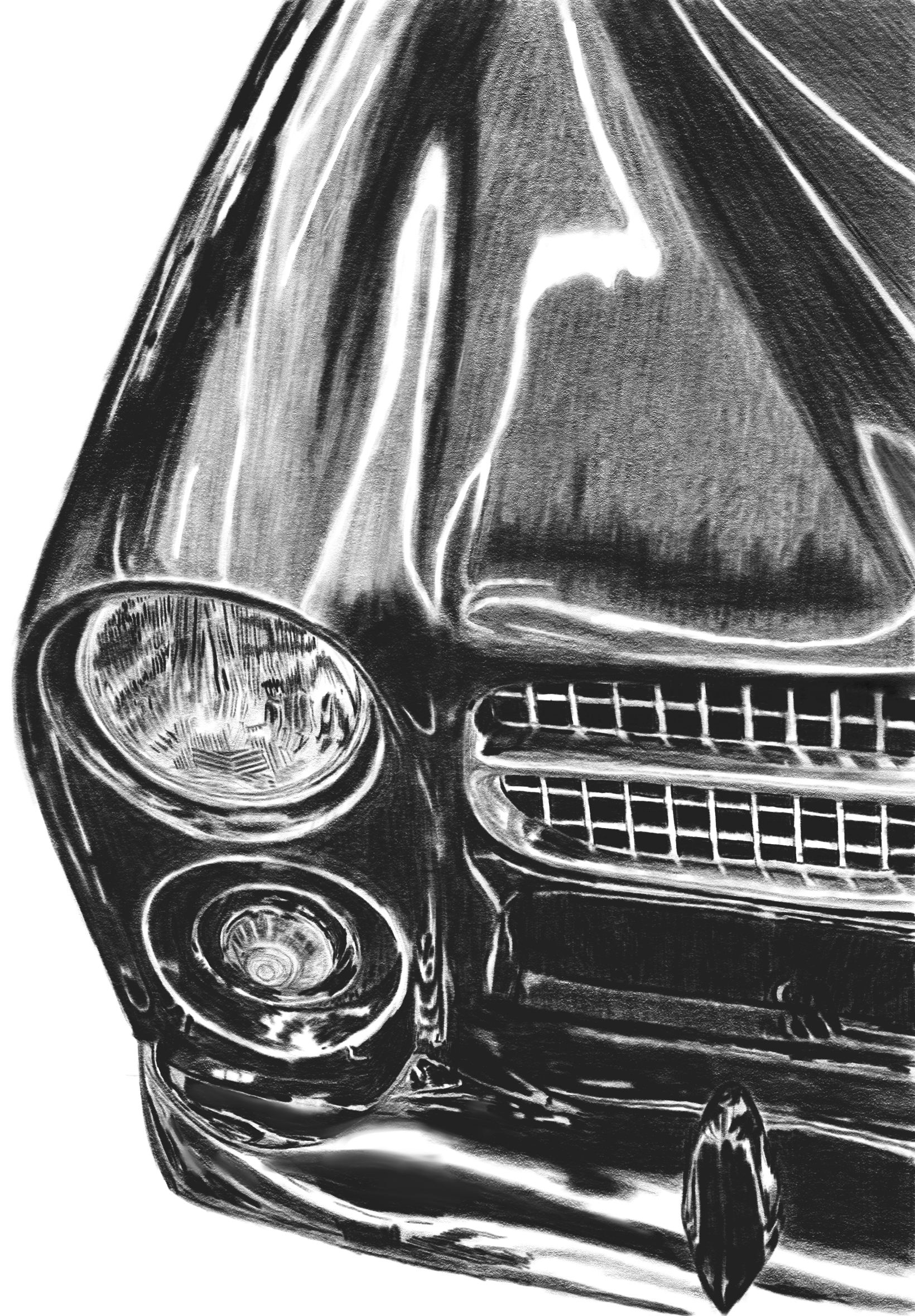 A sketched drawing of a 1950s car