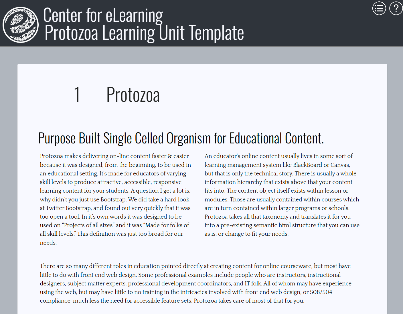 The front page of the protozoa website